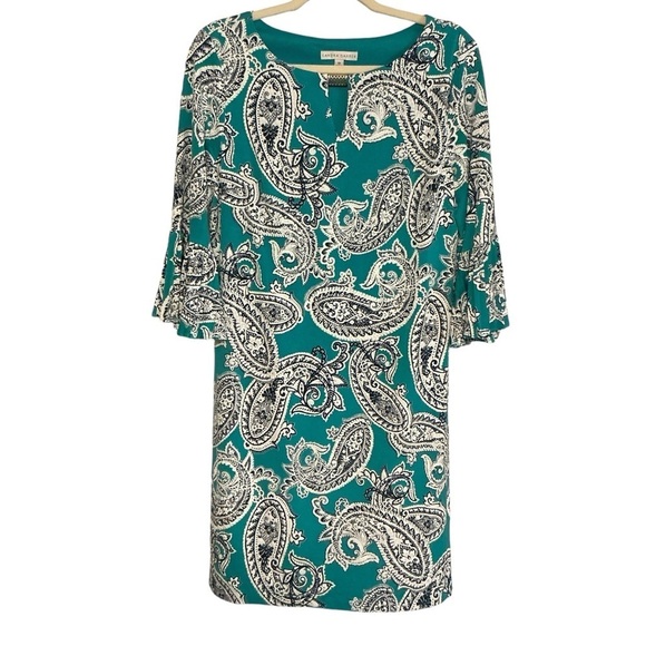 Sandra DARREN‎ RUFFLE-SLEEVED PAISLEY PRINT GREEN & white DRESS size 10 - Picture 1 of 9